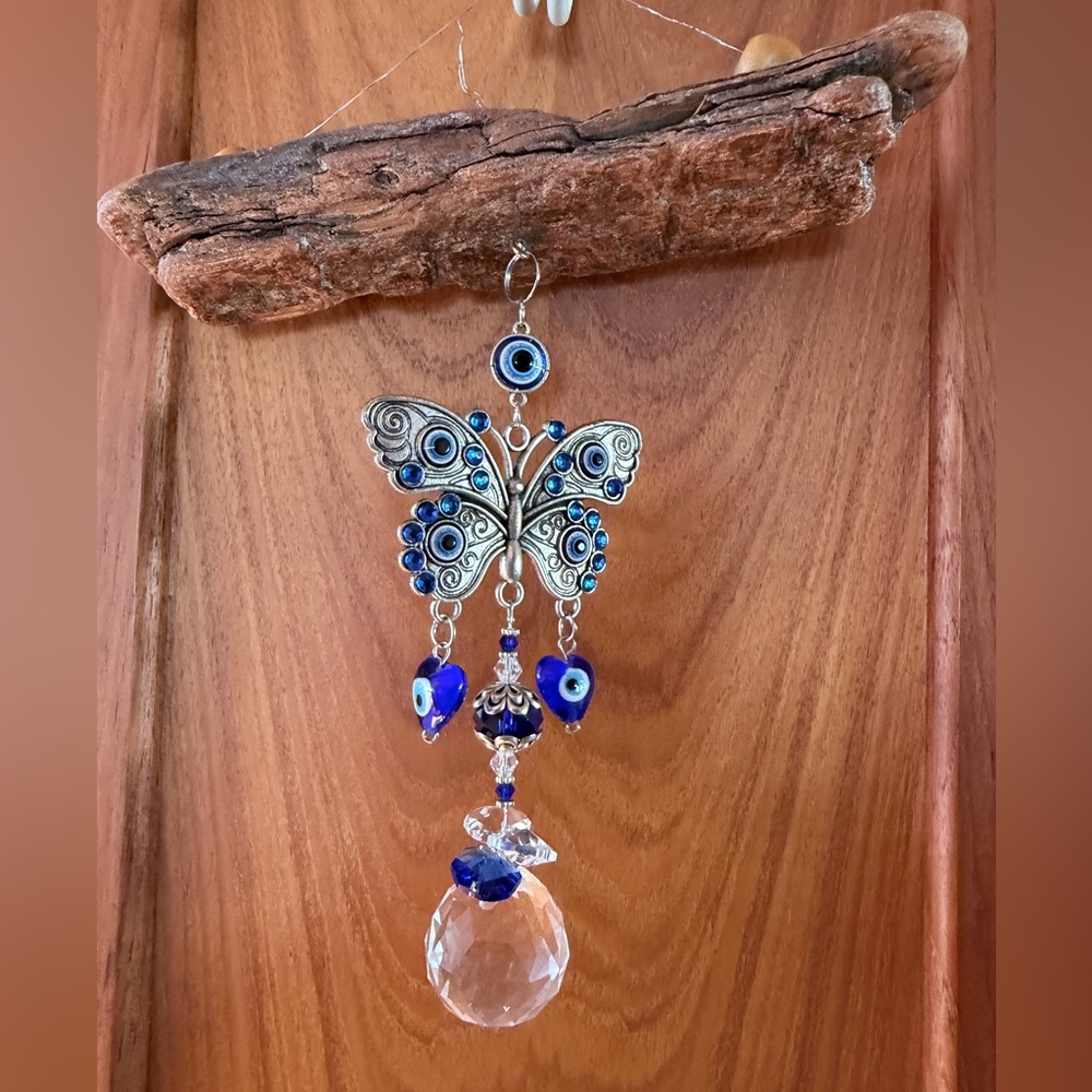 Handmade Driftwood Evil Eye Butterfly Suncatcher – Coastal Boho Protection Charm